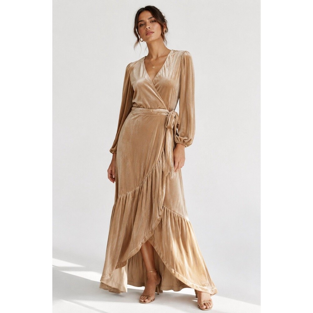 Aura Velvet Wrap Maxi Dress Long Sleeve Tie Waist Champagne Beige Size L